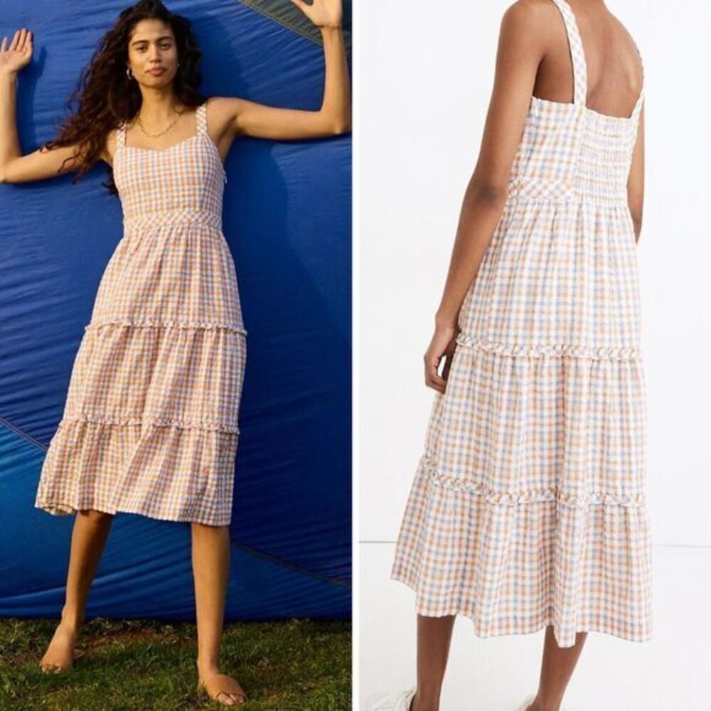NEW Madewell Gingham‎ Sweetheart Ruffle-Tiered Midi Dress, 14